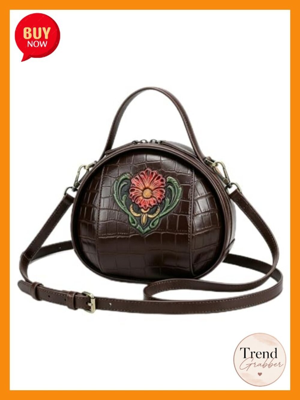 Genuine Leather Hand-Embossed Floral Crossbody Bag with Top Handle